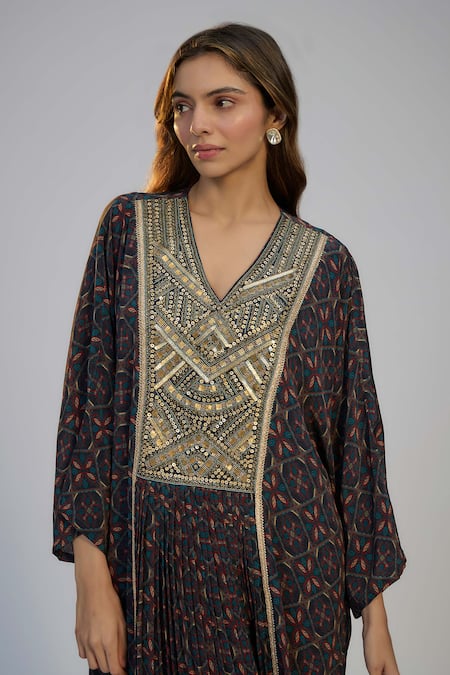 Nadima Saqib_Blue Crepe Sequins, Gota Patti V-neck Dark Printed And Embroidered Kaftan _Online_at_Aza_Fashions