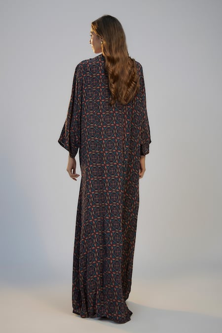 Nadima Saqib Dark Blue Printed & Embroidered Kaftan 