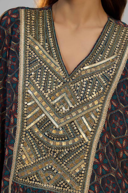 Buy_Nadima Saqib_Blue Crepe Sequins, Gota Patti V-neck Dark Printed And Embroidered Kaftan _Online_at_Aza_Fashions