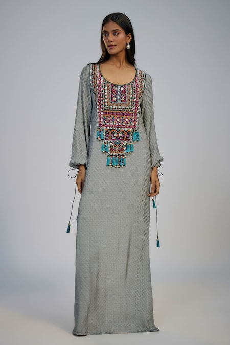 Nadima Saqib Black Crepe Pearls, Sequins, Tassels Round Neck Printed And Embroidered Kaftan 
