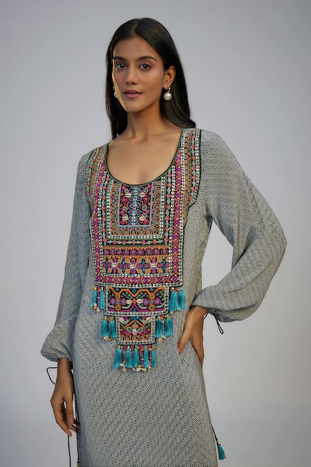 Nadima Saqib_Black Crepe Pearls, Sequins, Tassels Round Neck Printed And Embroidered Kaftan _Online_at_Aza_Fashions