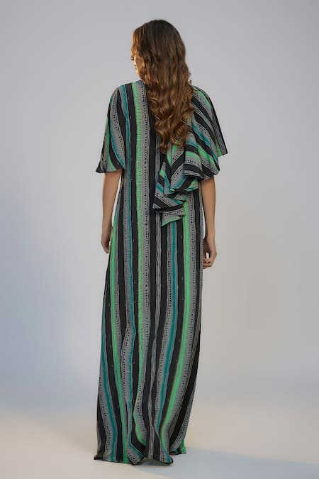 Nadima Saqib Black Green Stripes Print Kaftan Dress 