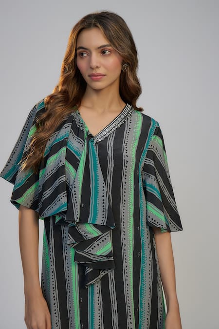 Nadima Saqib_Black Crepe Sequins V-neck Green Stripes Print Kaftan Dress _Online_at_Aza_Fashions