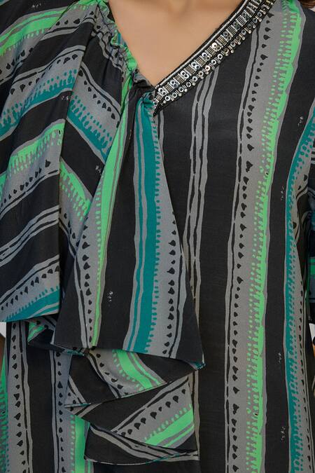 Buy_Nadima Saqib_Black Crepe Sequins V-neck Green Stripes Print Kaftan Dress _Online_at_Aza_Fashions