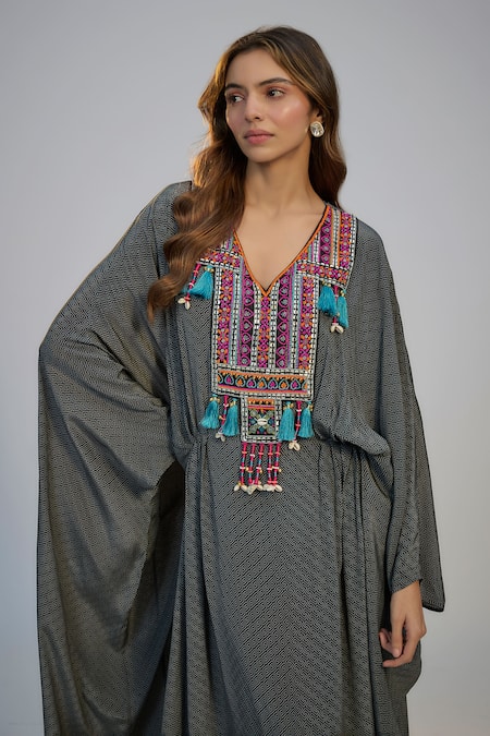 Nadima Saqib_Black Crepe Pearls, Sequins, Tassels V-neck Printed And Embroidered Kaftan _Online_at_Aza_Fashions