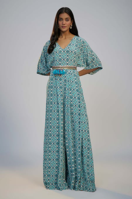 Nadima Saqib Blue Crepe Sequins, Pearls, Tassels V-neck Printed And Embroidered Jumpsuit 