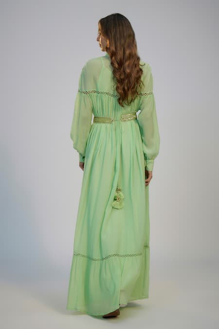 Nadima Saqib Green Cotton Crush Embroidered Dress 