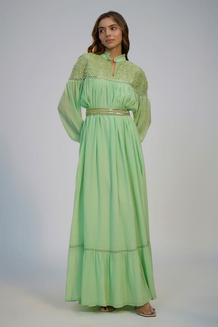 Nadima Saqib Green Cotton Sequins, Embroidery Mandarin Collar Crush Dress 