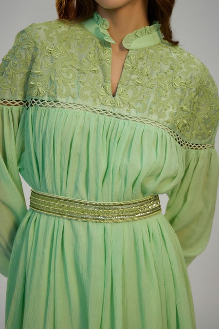 Nadima Saqib_Green Cotton Sequins, Embroidery Mandarin Collar Crush Dress _Online_at_Aza_Fashions