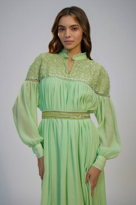 Buy_Nadima Saqib_Green Cotton Sequins, Embroidery Mandarin Collar Crush Dress _Online_at_Aza_Fashions