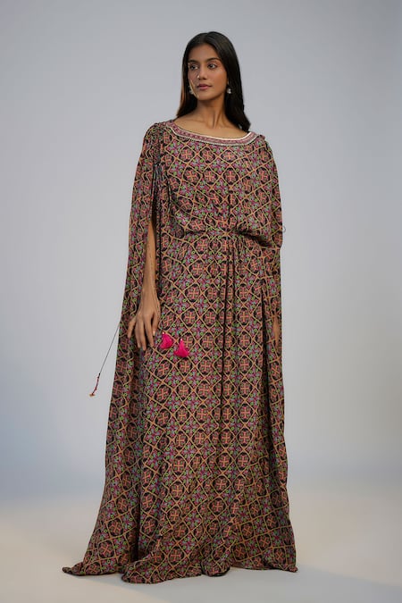 Nadima Saqib Multi Color Crepe Sequins, Tassels Round Multicolor Printed And Embroidered Kaftan 