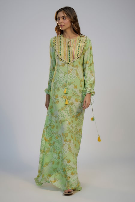 Nadima Saqib Green Crepe Tassels Round Neck Lime Printed And Embroidered Kaftan 