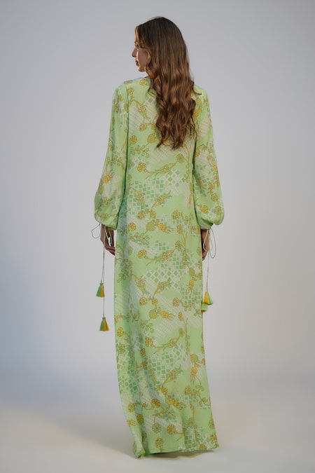 Nadima Saqib Lime Green Printed & Embroidered Kaftan 
