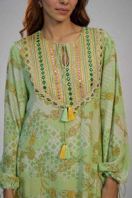 Nadima Saqib_Green Crepe Tassels Round Neck Lime Printed And Embroidered Kaftan _Online_at_Aza_Fashions