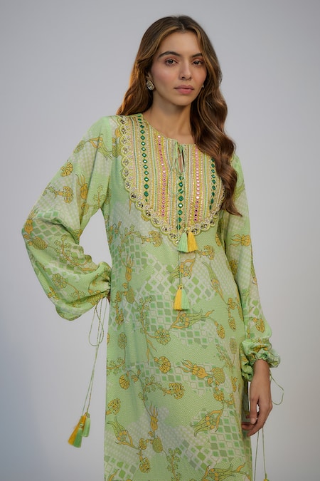 Buy_Nadima Saqib_Green Crepe Tassels Round Neck Lime Printed And Embroidered Kaftan _Online_at_Aza_Fashions
