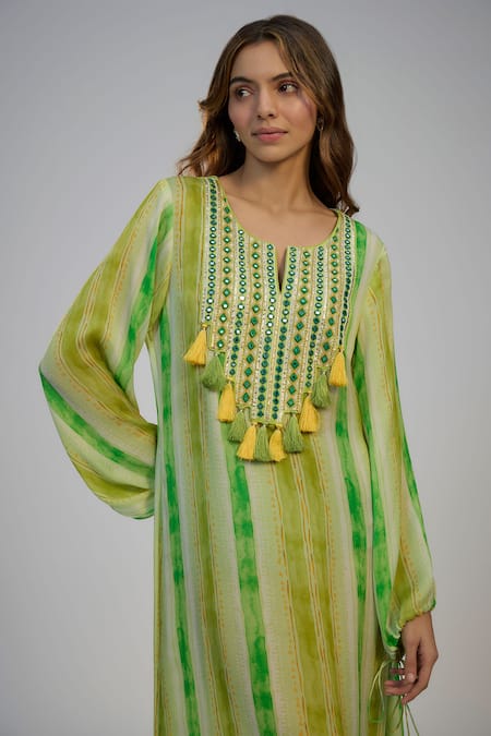 Nadima Saqib_Green Cotton Tassels Notched Neck Lime Stripe Print And Embroidered Kaftan _Online_at_Aza_Fashions