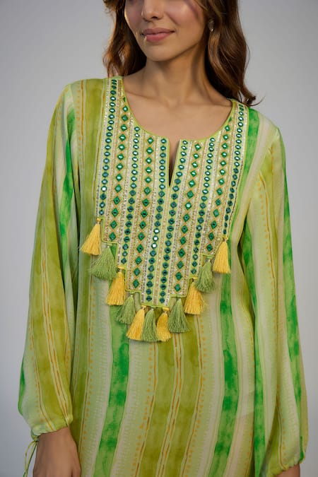 Buy_Nadima Saqib_Green Cotton Tassels Notched Neck Lime Stripe Print And Embroidered Kaftan _Online_at_Aza_Fashions