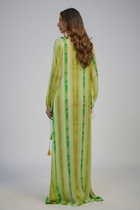 Nadima Saqib Lime Green Stripe Print & Embroidered Kaftan 