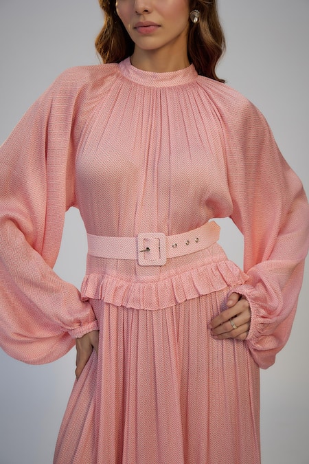 Nadima Saqib_Pink Cotton Embroidery Round Neck Pastel Printed And Dress _Online_at_Aza_Fashions