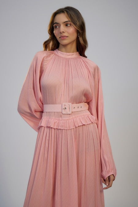 Buy_Nadima Saqib_Pink Cotton Embroidery Round Neck Pastel Printed And Dress _Online_at_Aza_Fashions