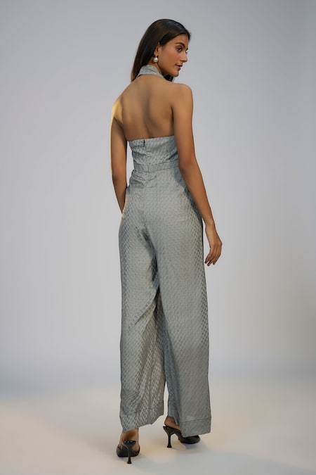 Nadima Saqib_Black Cotton Halter , Open Printed Jumpsuit And Cape Set _Online_at_Aza_Fashions