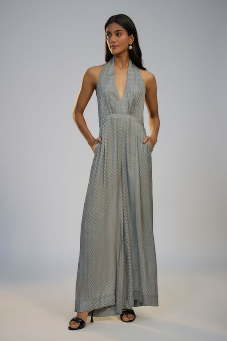 Buy_Nadima Saqib_Black Cotton Halter , Open Printed Jumpsuit And Cape Set _Online_at_Aza_Fashions