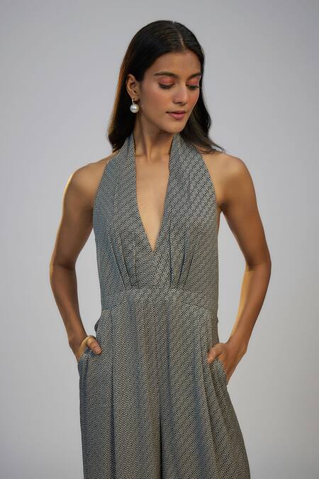 Nadima Saqib_Black Cotton Halter , Open Printed Jumpsuit And Cape Set _at_Aza_Fashions