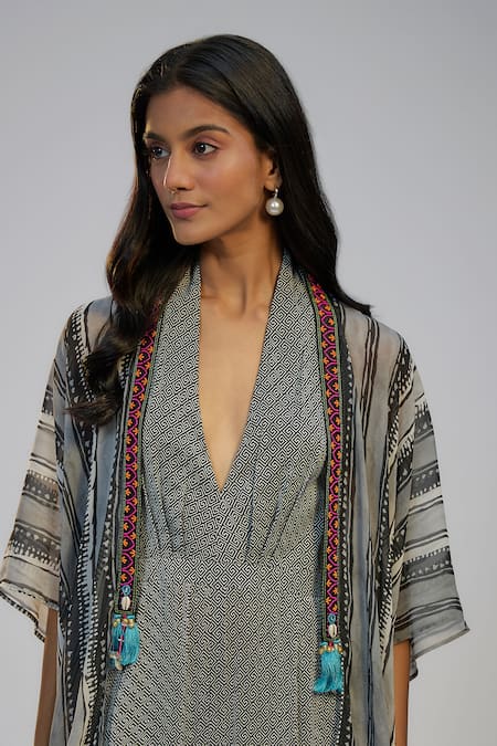 Buy_Nadima Saqib_Black Cotton Halter , Open Printed Jumpsuit And Cape Set 