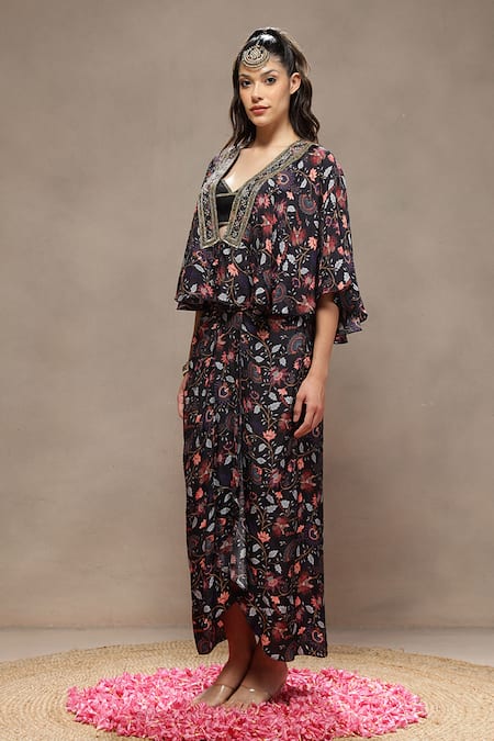 Kyra By Bhavna_Black Silk Beads, Embroidery V-neck Cinder Bloom Skirt Set _Online_at_Aza_Fashions