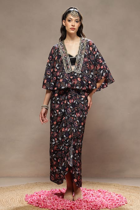 Kyra By Bhavna Black Silk Beads, Embroidery V-neck Cinder Bloom Skirt Set 