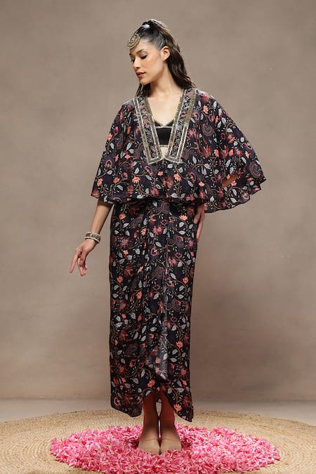 Buy_Kyra By Bhavna_Black Silk Beads, Embroidery V-neck Cinder Bloom Skirt Set _Online_at_Aza_Fashions