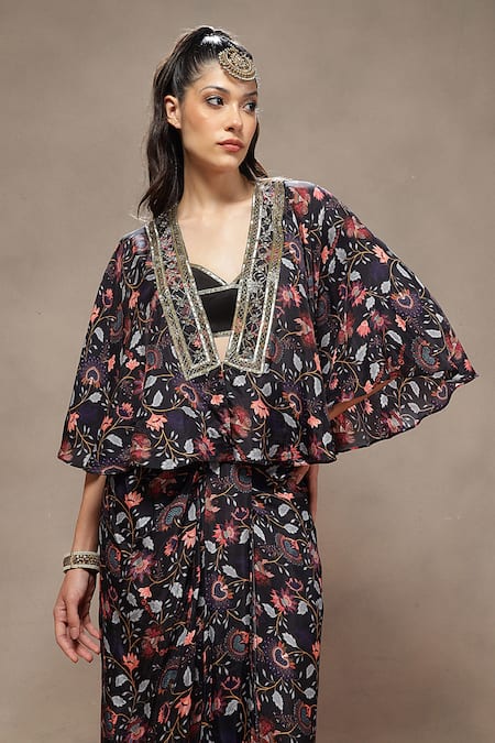 Shop_Kyra By Bhavna_Black Silk Beads, Embroidery V-neck Cinder Bloom Skirt Set _Online_at_Aza_Fashions