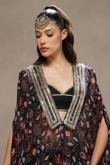 Kyra By Bhavna_Black Silk V-neck Midnight Muse Cape Set _Online_at_Aza_Fashions