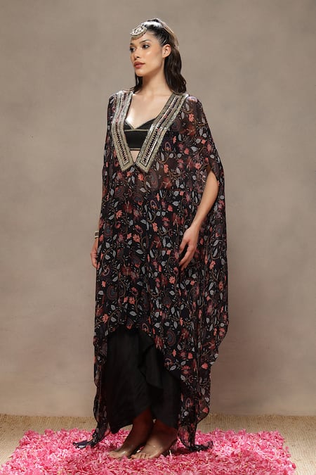 Shop_Kyra By Bhavna_Black Silk V-neck Midnight Muse Cape Set _Online_at_Aza_Fashions