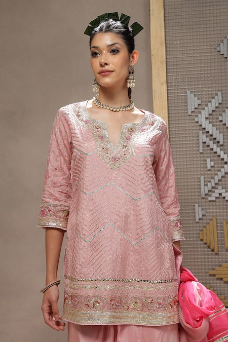 Kyra By Bhavna_Pink Silk, Crepe, Organza Sequins Round Neck Bloom Hexa Kurta Set _Online_at_Aza_Fashions