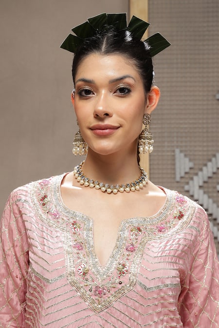 Buy_Kyra By Bhavna_Pink Silk, Crepe, Organza Sequins Round Neck Bloom Hexa Kurta Set _Online_at_Aza_Fashions