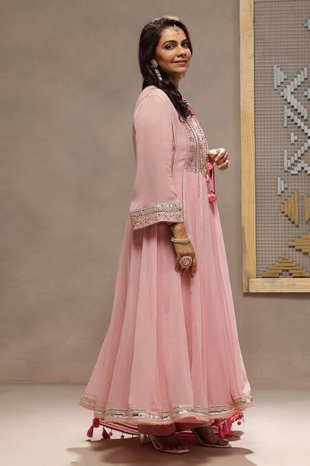 Kyra By Bhavna_Pink Viscose, Shantoon, Crepe, Organza Gota Patti, Sequins Inaaya Anarkali Set _Online_at_Aza_Fashions