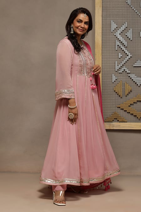 Buy_Kyra By Bhavna_Pink Viscose, Shantoon, Crepe, Organza Gota Patti, Sequins Inaaya Anarkali Set _Online_at_Aza_Fashions