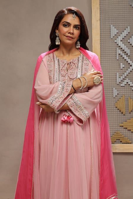 Shop_Kyra By Bhavna_Pink Viscose, Shantoon, Crepe, Organza Gota Patti, Sequins Inaaya Anarkali Set _Online_at_Aza_Fashions