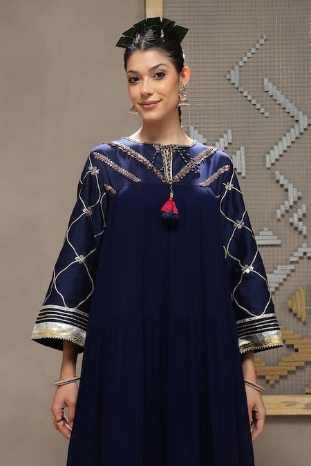 Kyra By Bhavna_Navy Viscose, Shantoon, Georgette, Chanderi, Organza Blue Inaya Anarkali Set _Online_at_Aza_Fashions