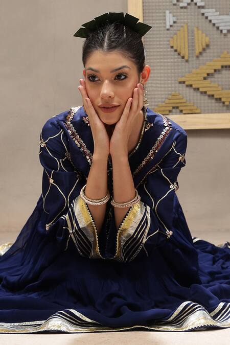 Buy_Kyra By Bhavna_Navy Viscose, Shantoon, Georgette, Chanderi, Organza Blue Inaya Anarkali Set _Online_at_Aza_Fashions