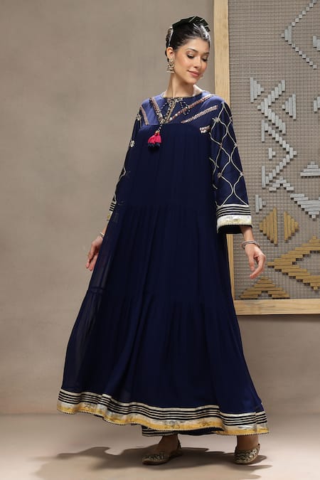 Shop_Kyra By Bhavna_Navy Viscose, Shantoon, Georgette, Chanderi, Organza Blue Inaya Anarkali Set _Online_at_Aza_Fashions
