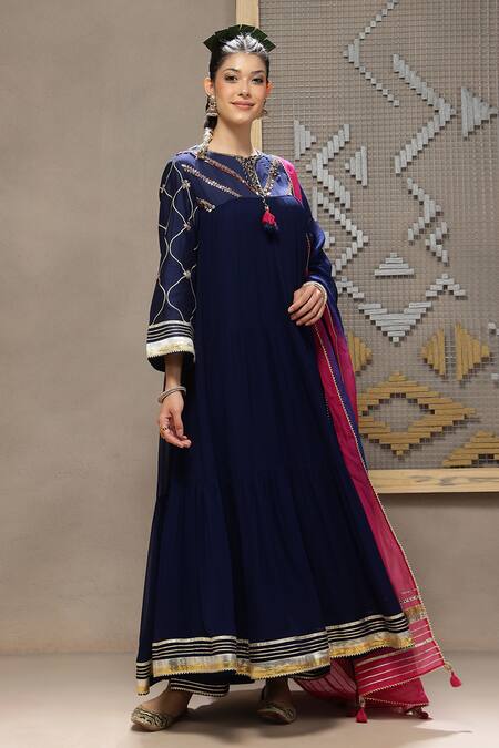 Kyra By Bhavna_Navy Viscose, Shantoon, Georgette, Chanderi, Organza Blue Inaya Anarkali Set _at_Aza_Fashions