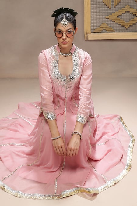 Buy_Kyra By Bhavna_Pink Viscose, Georgette, Crepe, Organza Gota Patti, Bareblush Anarkali Set _Online_at_Aza_Fashions