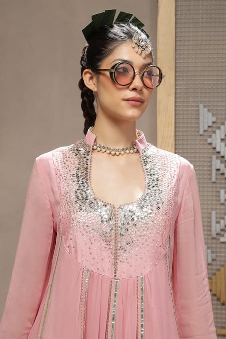 Shop_Kyra By Bhavna_Pink Viscose, Georgette, Crepe, Organza Gota Patti, Bareblush Anarkali Set _Online_at_Aza_Fashions