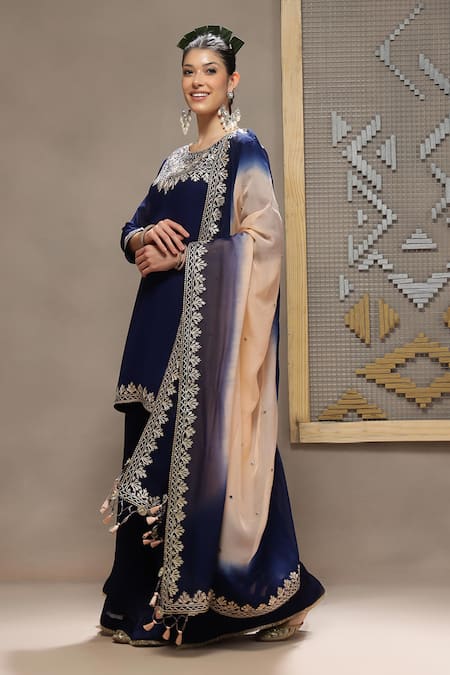 Kyra By Bhavna_Navy Viscose Georgette, Viscose, Organza Gota Patti Round Neck Gulzar Kurta Set _Online_at_Aza_Fashions
