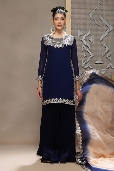 Shop_Kyra By Bhavna_Navy Viscose Georgette, Viscose, Organza Gota Patti Round Neck Gulzar Kurta Set _Online_at_Aza_Fashions