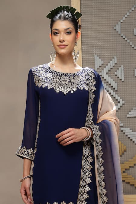 Kyra By Bhavna_Navy Viscose Georgette, Viscose, Organza Gota Patti Round Neck Gulzar Kurta Set _at_Aza_Fashions
