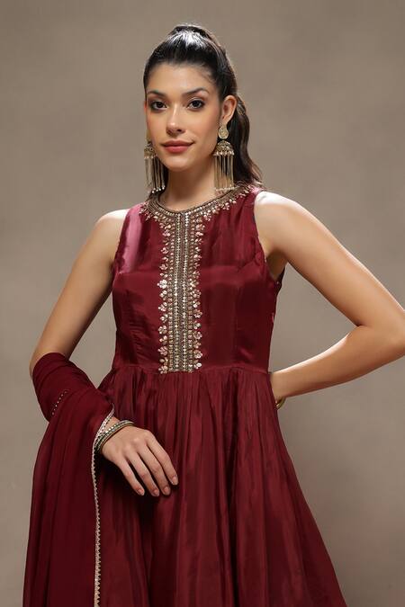 Kyra By Bhavna_Maroon Silk, Polyester, Viscose, Organza Cut Work, Afiya Anarkali Set _Online_at_Aza_Fashions