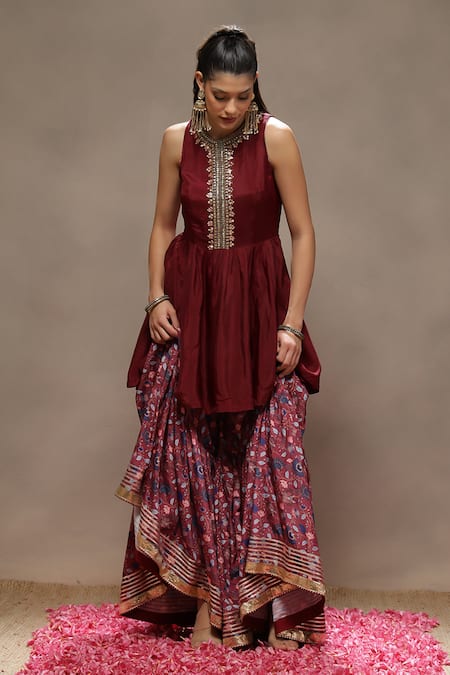 Buy_Kyra By Bhavna_Maroon Silk, Polyester, Viscose, Organza Cut Work, Afiya Anarkali Set _Online_at_Aza_Fashions